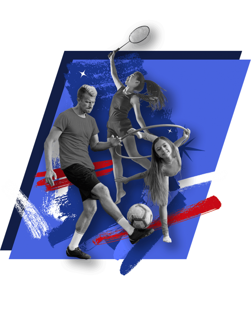 Fussballer, Turnerin, Badminton-Spielerin auf einer illustrativen Grafik mit blauem Grund