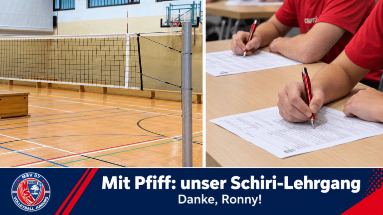 Collage mit Volleyballnetz und schriftlicher Prüfung: Mit Pfiff – unser Schiri-Lehrgang. Danke, Ronny!