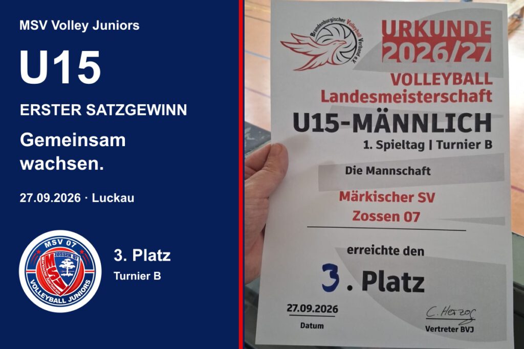 MSV Volley Juniors U15: Erster Satzgewinn am 27. September 2026 in Luckau. Originalurkunde über den 3. Platz im Turnier B.