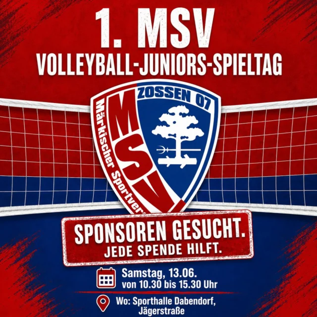 🚨𝐀𝐜𝐡𝐭𝐮𝐧𝐠 𝐀𝐜𝐡𝐭𝐮𝐧𝐠 🚨

Am 𝟭𝟯.𝟬𝟲.𝟮𝟬𝟮𝟲 richten wir unser erstes 𝐔𝟏𝟒-𝐉𝐮𝐧𝐢𝐨𝐫𝐞𝐧𝐭𝐮𝐫𝐧𝐢𝐞𝐫 bei uns in der Sporthalle Dabendorf (Jägerstraße 13) aus 🤩!!
Los geht es um 𝟭𝟬:𝟯𝟬 𝗨𝗵𝗿 👀⏳.

Unser Nachwuchs freut sich auf spannende Spiele, viele Zuschauer und eine großartige Stimmung in der Halle 🎉. Kommt vorbei, unterstützt unsere Kids und erlebt einen tollen Volleyball-Tag mit uns 💙❤️

Für das leibliche Wohl ist selbstverständlich gesorgt 😉
Vor Ort wird es ein Catering mit verschiedenen Speisen und Getränken geben 🍰🥗🧁!!
Alle Einnahmen fließen in die weitere Förderung unseres Nachwuchses 🙂‍↕️🏐 

🏐 𝐒𝐏𝐎𝐍𝐒𝐎𝐑𝐄𝐍 𝐆𝐄𝐒𝐔𝐂𝐇𝐓!🏐
Außerdem suchen wir weiterhin Sponsoren für unsere Volleyball-Juniors 🫵🏼. 
Ob für Trainingsmaterialien oder die Durchführung unseres ersten Junioren-Spieltags – jede Unterstützung hilft dabei, unseren Kindern beste Bedingungen für ihren Sport zu ermöglichen 💪🏼❤️🏐
 💙 Spendenquittung ist über den Verein möglich
👉 Zweckvermerk: „Volleyball-Juniors MSV 07“
📩 Meldet euch gern per Nachricht!

#MSVZossen07 #VolleyballJuniors #Jugendsport #Zossen #SponsorGesucht